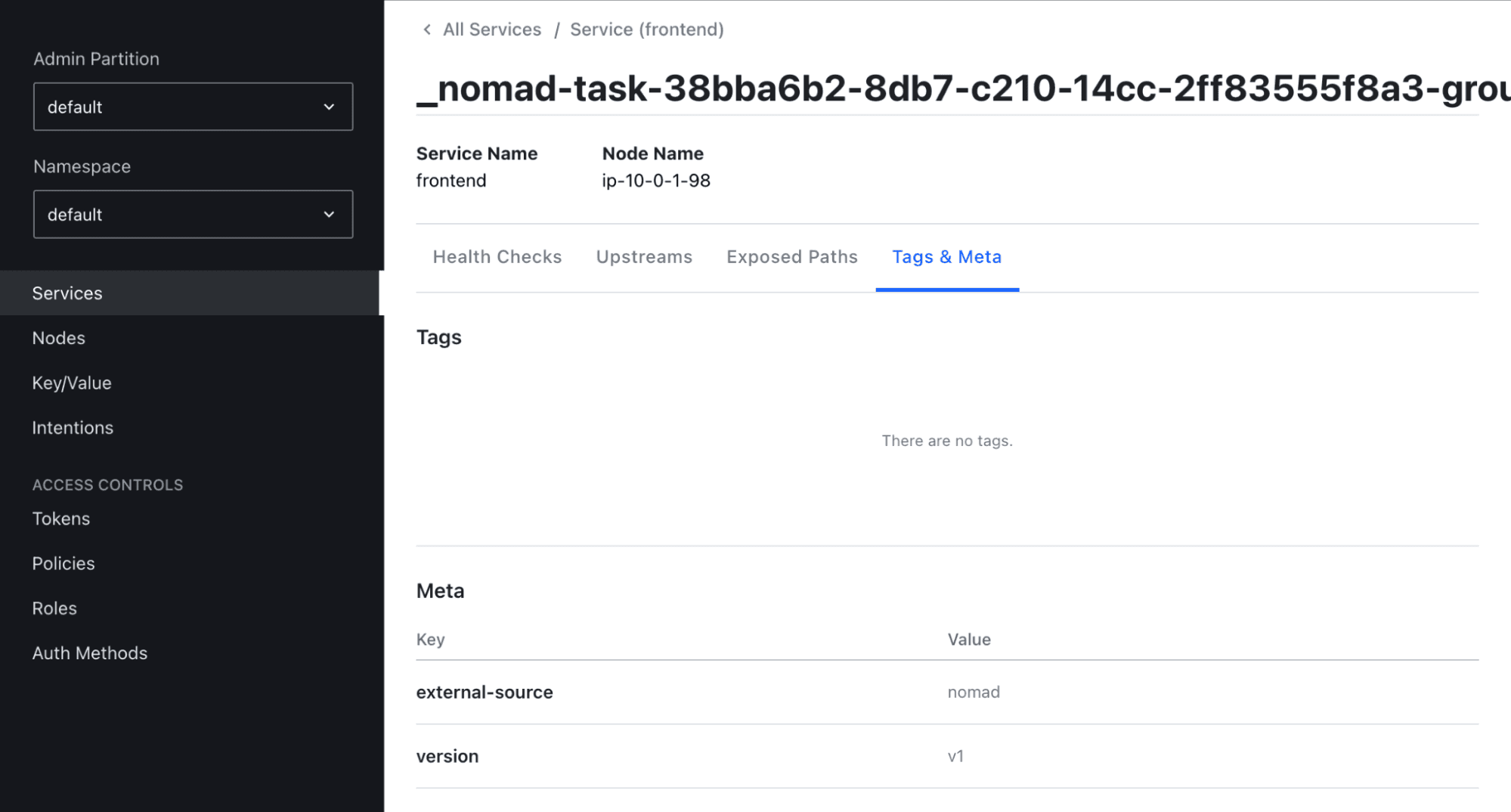 This `frontend` instance's metadata shows this instance is version `v1`.